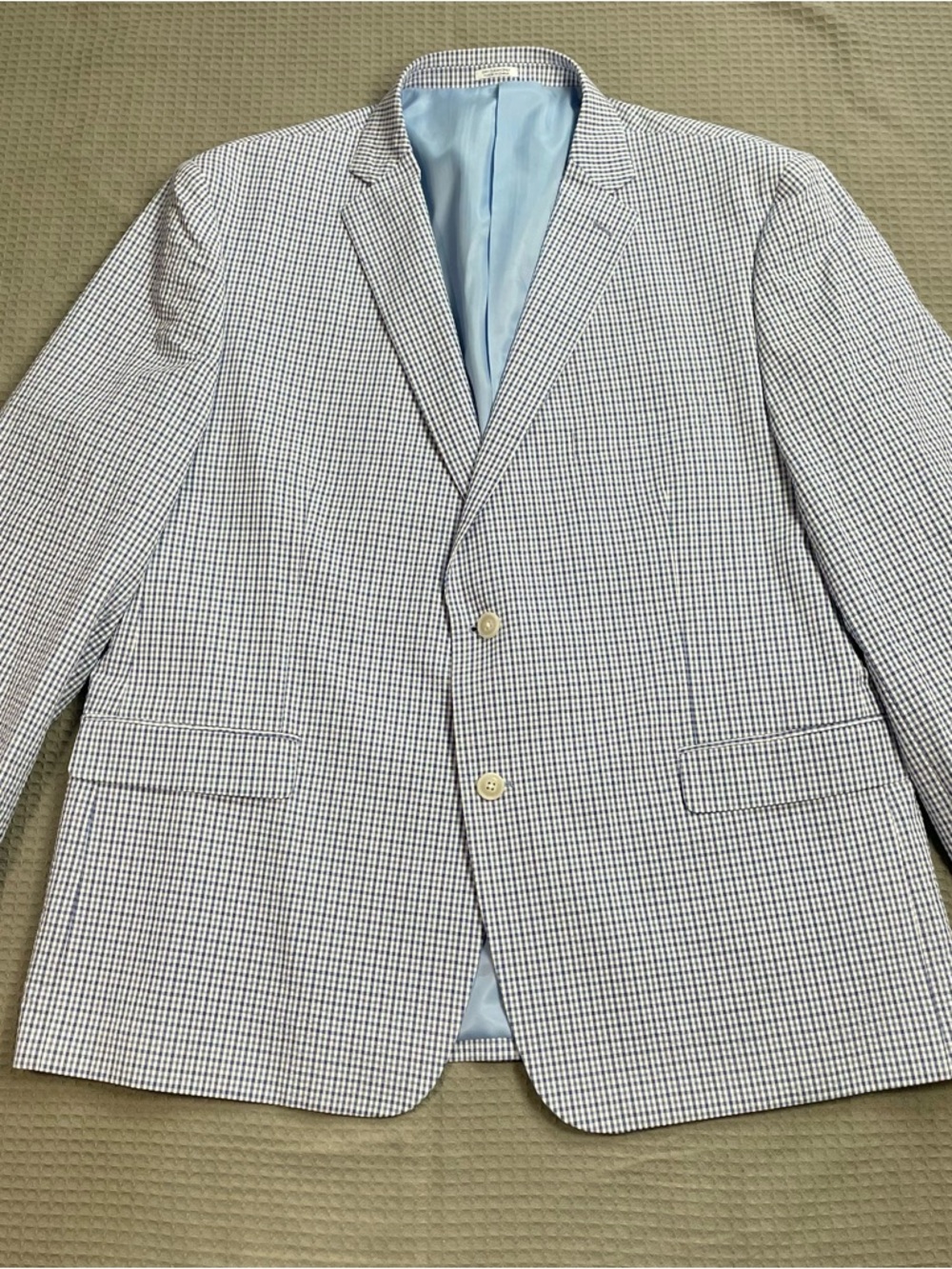 Saddlebred Seersucker Plaid Blazer Jacket Sport Coat 48‎ Reg Mens Blue White